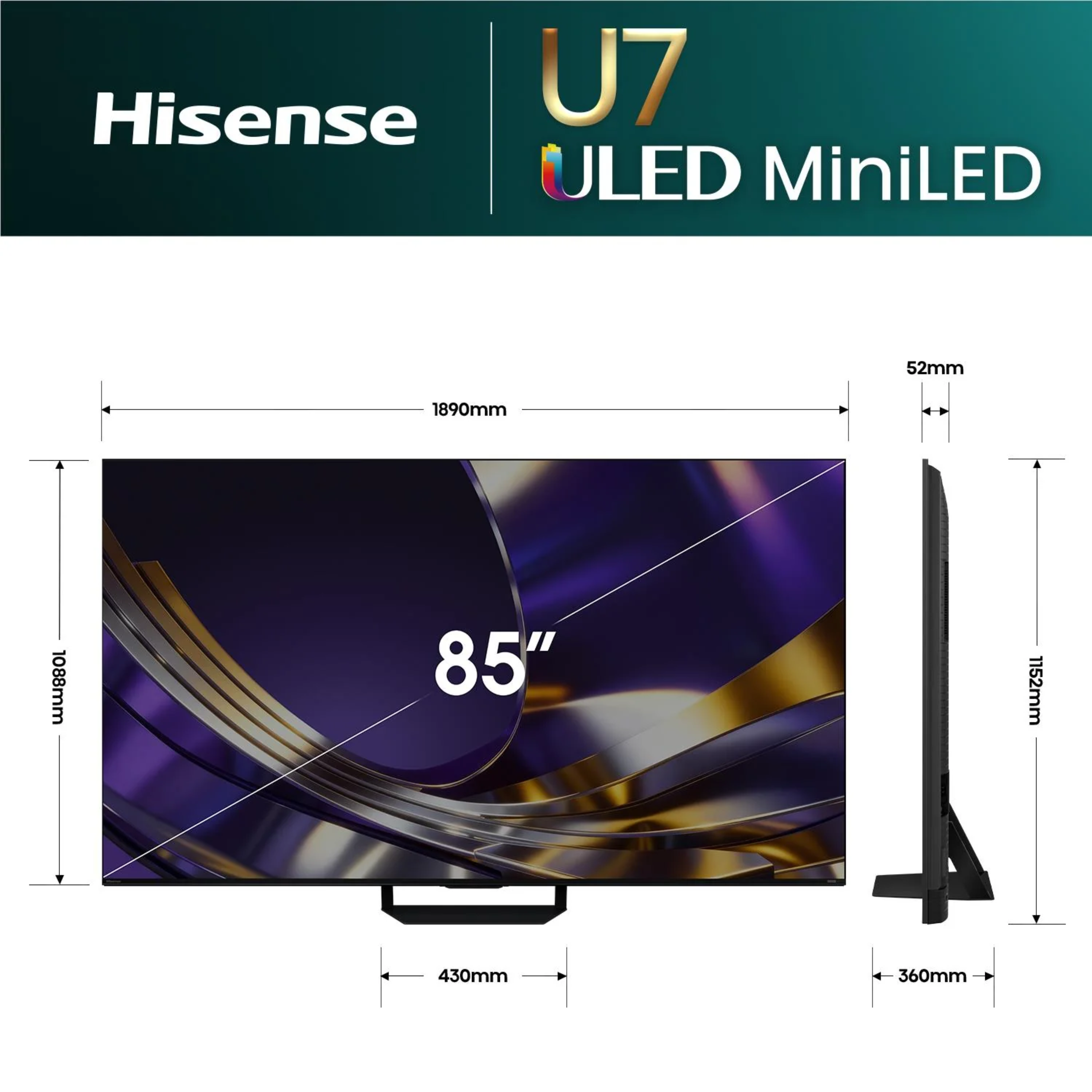 Télévision Smart Hisense -  85U7S  - Mini LED  - ULED 4K 85 pouces - Système d'exploitation VIDAA intégré - Garantie 06 Mois