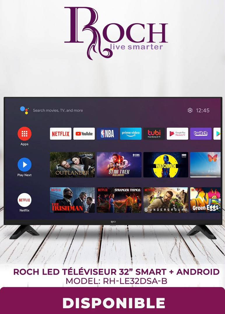 Télévision  smart -Roch  - 32 Pouces  - RH-LE32DSA-B - Écran LED HD – Android TV – Applications Streaming – WiFi – Design Slim Moderne - Garantie 06 Mois