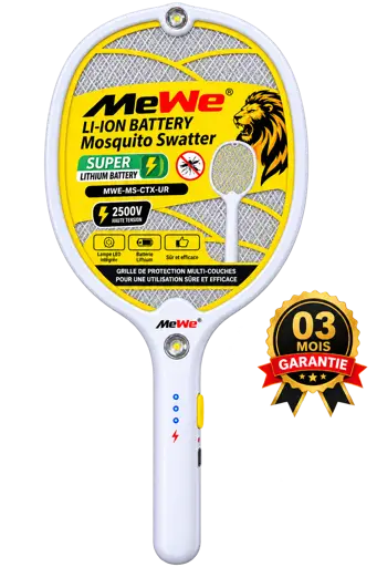 Raquette et piège anti-moustiques - Mewe - MWEMS-02Y-UR - Rechargeable - Lumière Violette - Batterie lithium 500 mAh - Garantie 12 Mois