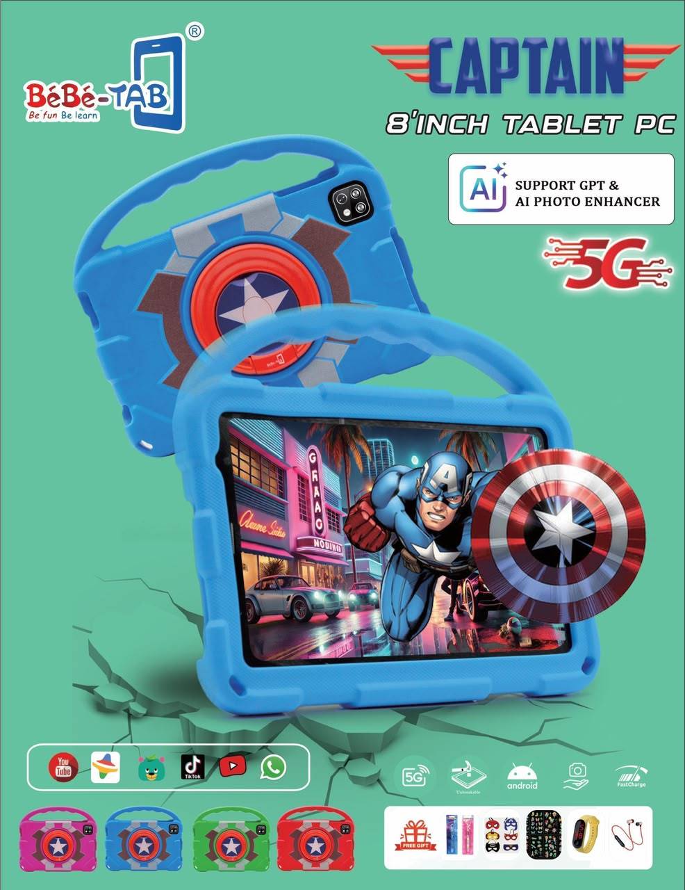 Tablette Enfant Bébé-Tab  - Captain 8Pouces -  5G Double SIM Android avec IA – 256Go ROM – Coque Incassable Résistante à l’Eau – Support GPT & AI Photo Enhancer  - Garantie 03 mois