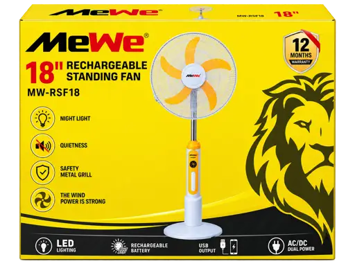 Ventilateur sur Pied Rechargeable Solaire - Mewe - MW-RSF18 - 18 pouces - batterie 12 V 7 Ah - Garantie 12 Mois