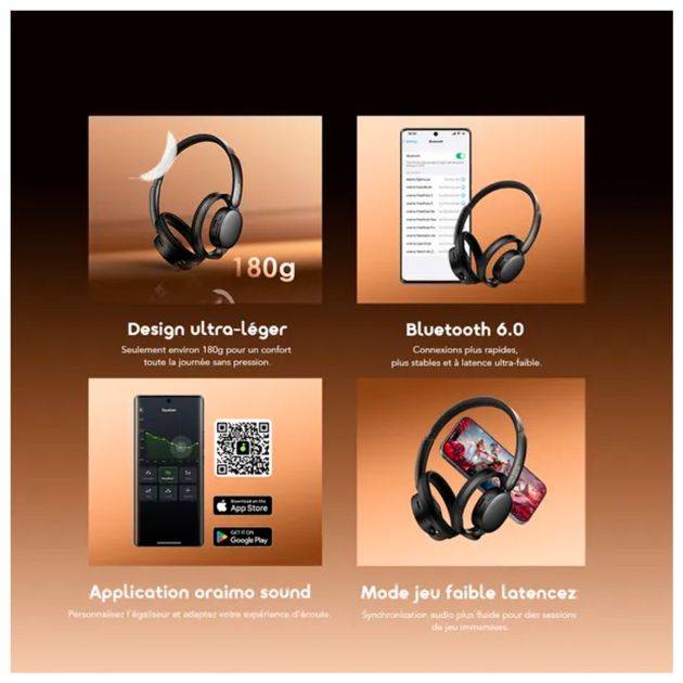 Casque audio sans fil Oraimo -  OpenLoop – OPN-670N  – Bluetooth 6.0 – Autonomie 50 heures  – Double micro avec ENC – Volume adaptatif – Connexion double appareil  – Garantie 12 mois