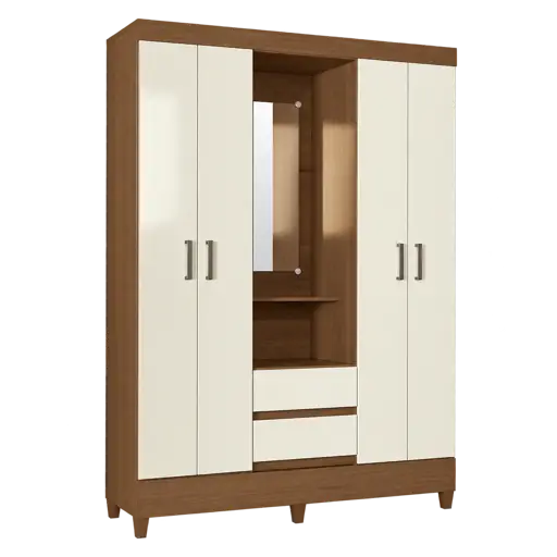 Armoire 4 portes avec miroir, étagères et 2 tiroirs