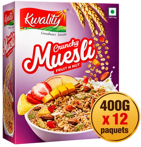 Muesli Fruit & Nut Kwality  - Multicéréales - Fruits Séchés et Amandes - 400G x 12 Boites