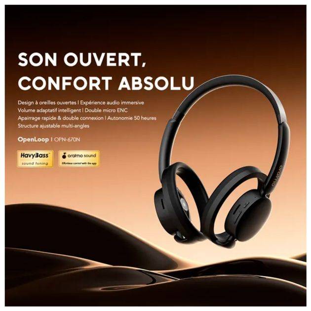 Casque audio sans fil Oraimo -  OpenLoop – OPN-670N  – Bluetooth 6.0 – Autonomie 50 heures  – Double micro avec ENC – Volume adaptatif – Connexion double appareil  – Garantie 12 mois