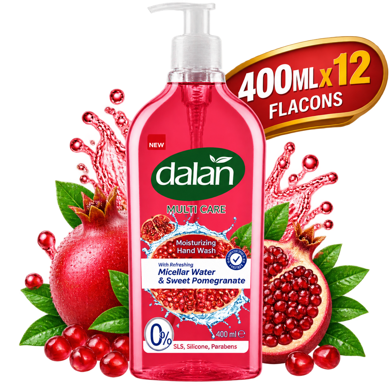 Gel Lavant pour les Mains - Dalan – Hydratant Grenade – Flacon de 400 ml x 12