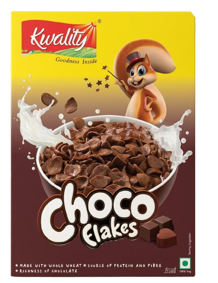 Céréales Choco Flakes - Kwality - Pétales de Blé Complet au Chocolat - 375 g x 12 Paquets