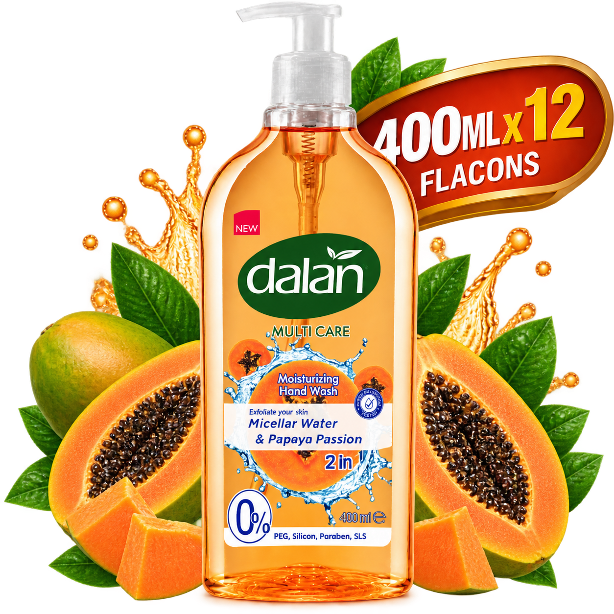 Gel Lavant pour les Mains - Dalan – Hydratant à la Papaye –  Flacon de  400 ml x 12