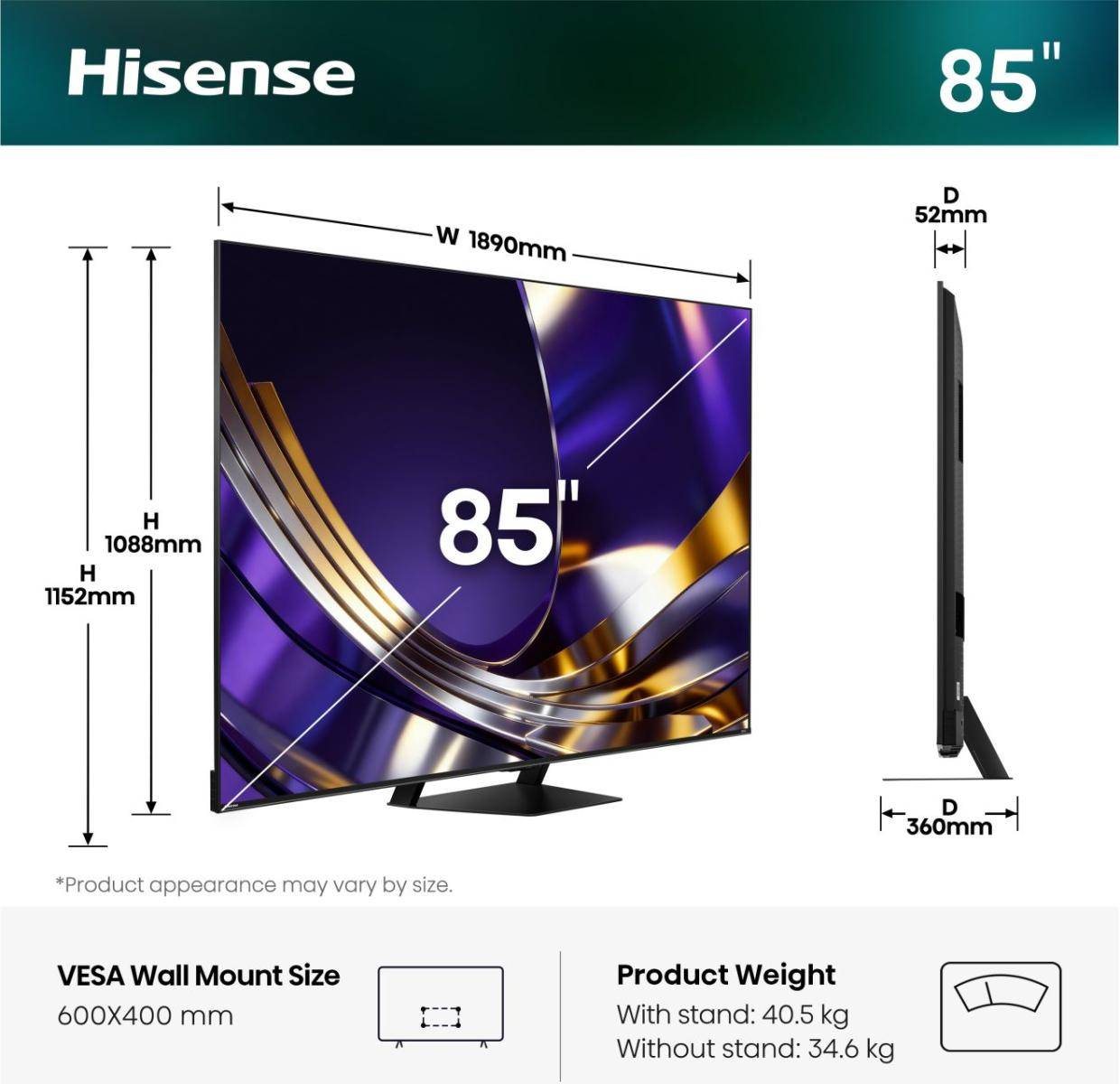 Télévision Smart Hisense -  85U7S  - Mini LED  - ULED 4K 85 pouces - Système d'exploitation VIDAA intégré - Garantie 06 Mois