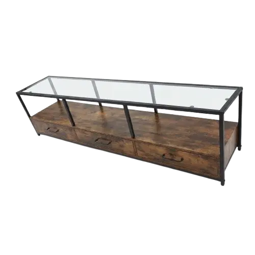 Meuble TV HB2510076  - en bois marron - verre et pieds métal