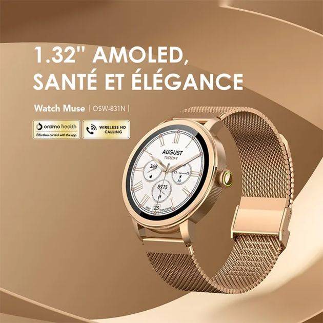 Montre connectée Oraimo -  Watch Muse OSW-831N – AMOLED - Étanchéité IP68 -  Autonomie 11 Jours-  Batterie 260 mAh - Garantie 12 Mois