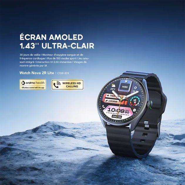 Montre Connectée Oraimo -  Watch Nova 2R Lite OSW-824   – Suivi Santé (Fréquence Cardiaque & Oxygène Sanguin) – 100+ Modes Sportifs – IP68 Étanche – Autonomie Jusqu’à 10 Jours – Cadrans IA – Garantie 12 Mois