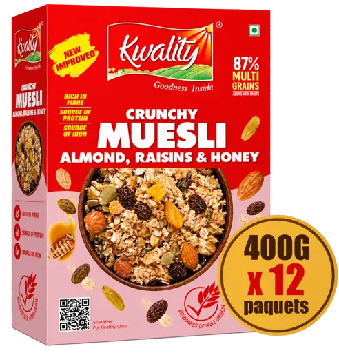 Muesli Crunchy Kwality - Multicéréales - Amandes - Raisins et Miel - 400G x 12 Paquets