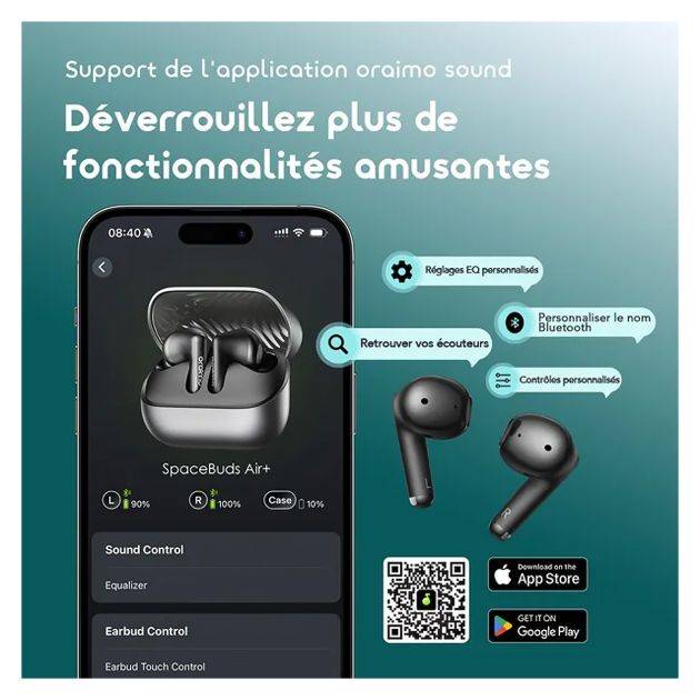 Écouteurs sans fil -  Oraimo - SpaceBuds Air+ OTW-323SP – Bluetooth 6.0 – Autonomie jusqu’à 30 h – IPX4 – Garantie 12 mois
