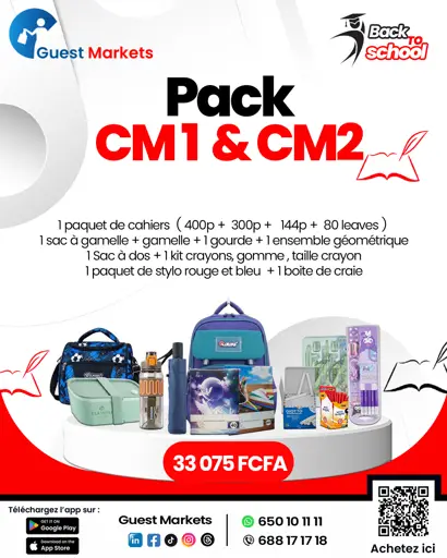 Pack CM1 et CM2 : 01 sac à dos  - 01 ensemble géométrique -  03 cahiers 400p - 05 Cahiers 144p -  05 Cahiers  80 leaves -  05 Cahiers 300p -  50 stylo rouge et bleu  - 01 kit kuromi - 01 sac à gamelle + gamelle  - 01 gourde  -  01 boite de craie