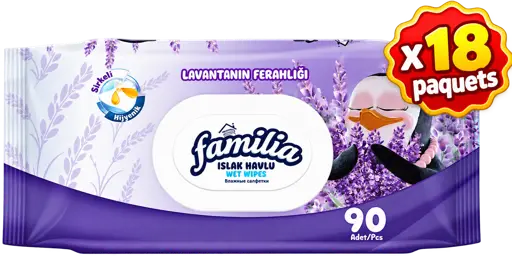 Lingettes humides Familia à la lavande – 90 lingettes - Lot de 18 paquets 
