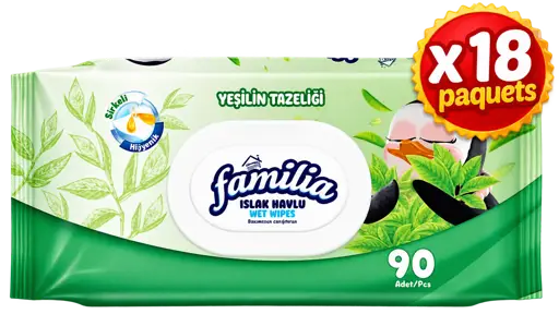 Lingettes humides Familia vert – 90 lingettes - Lot de 18 paquets