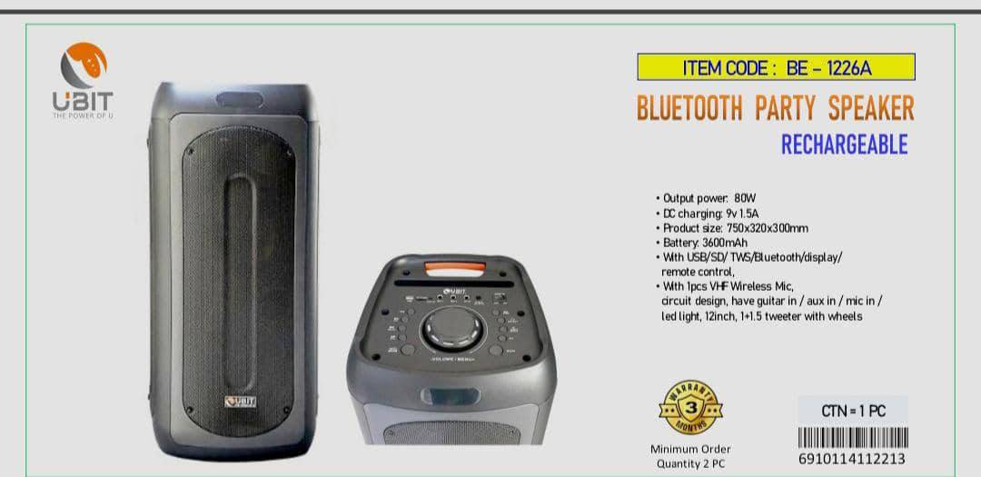 Enceinte Bluetooth Ubit -  BE-1226A -  80W  - avec Karaoké - Garantie 03 Mois