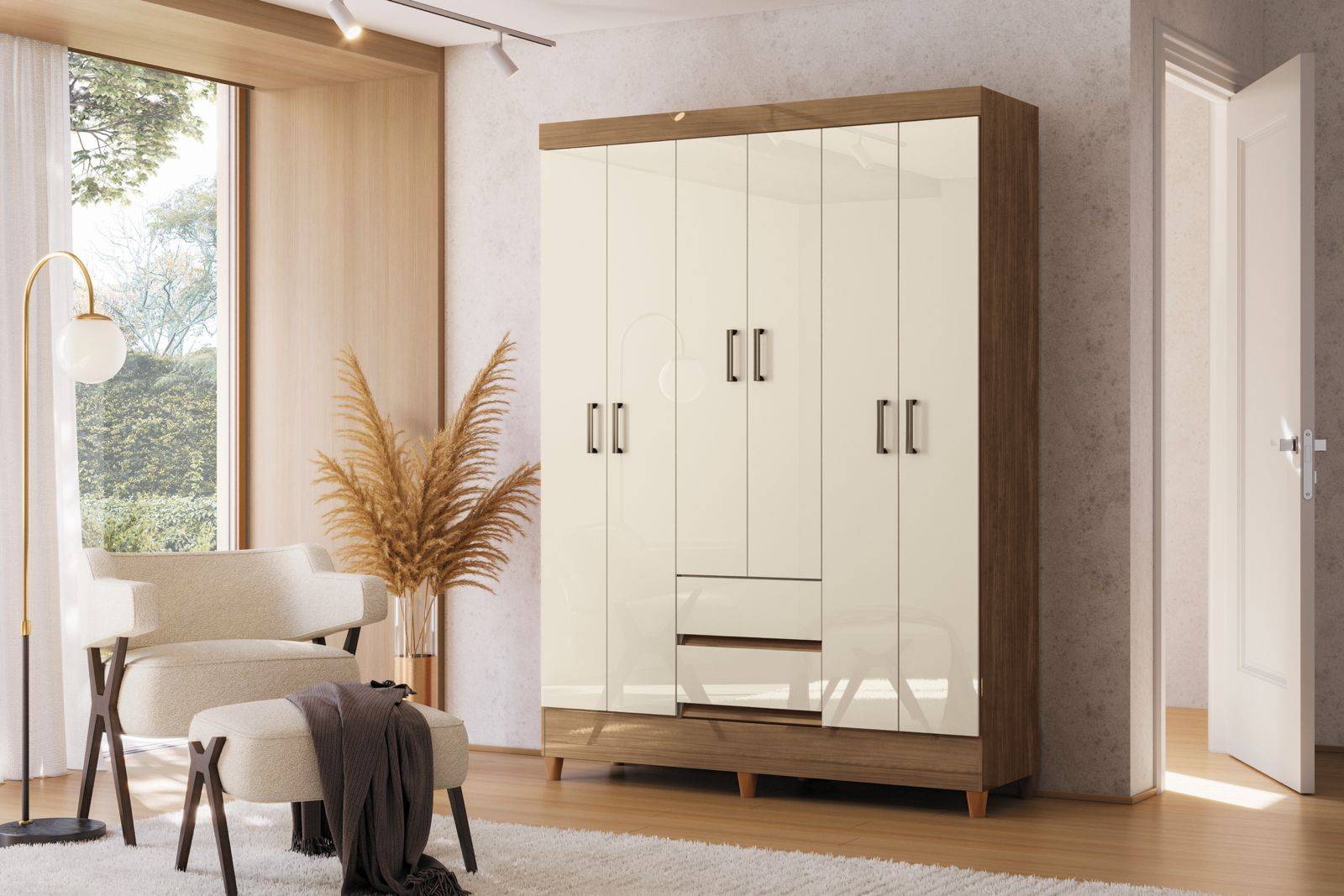 Armoire double sur pieds - 6 portes  - MDP 12 mm - pieds PVC 7 cm - barres à vêtements en aluminium - poignées PVC champagne - coulisses métal - 191 x 137 x 42 cm - 162761  - rangement pratique pour chambre