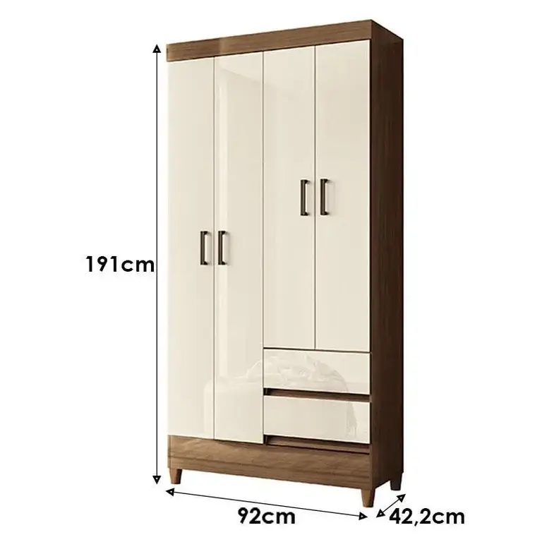 Armoire simple 4 portes avec 2 tiroirs et pieds -162961-  meuble de rangement pratique pour chambre - portes à charnières - hauteur 191 cm - largeur 92 cm - profondeur 42,2 cm 
