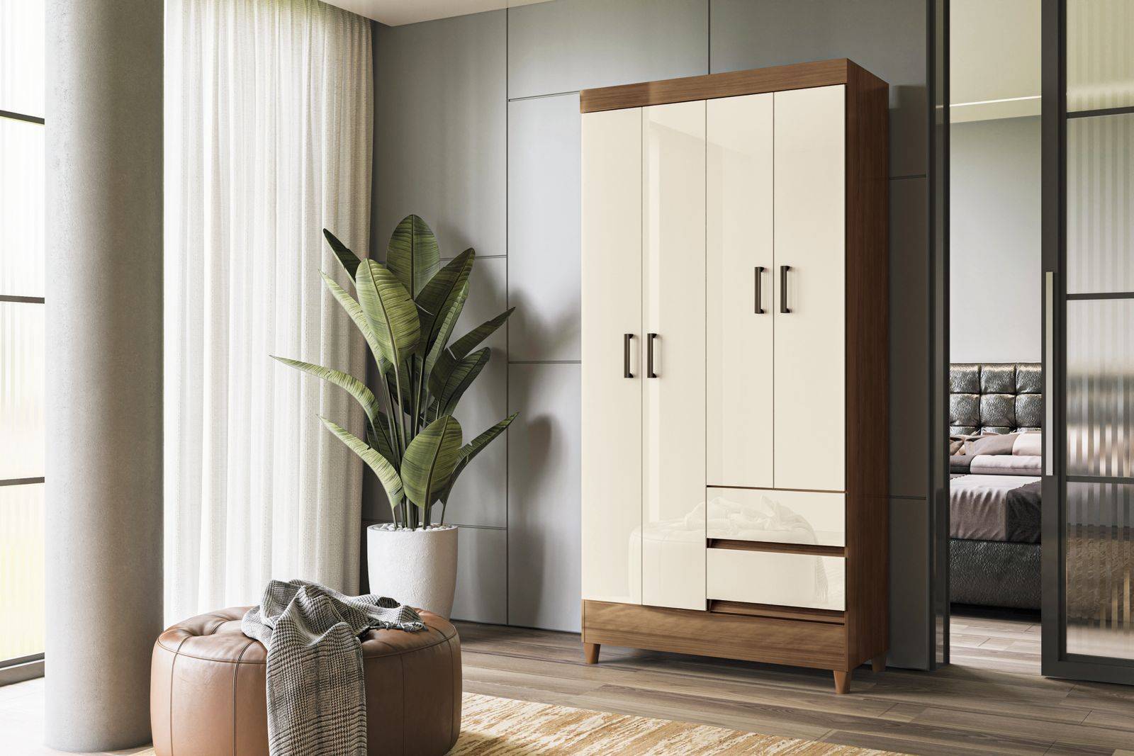 Armoire simple 4 portes avec 2 tiroirs et pieds -162961-  meuble de rangement pratique pour chambre - portes à charnières - hauteur 191 cm - largeur 92 cm - profondeur 42,2 cm 