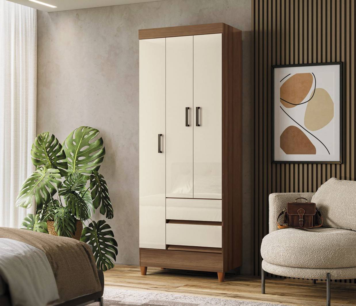 Armoire simple pieds 3 portes et 2 tiroirs -  modèle 163061 - 1,91 m x 0,69 m x 0,42 m - rangement pratique pour chambre et maison 