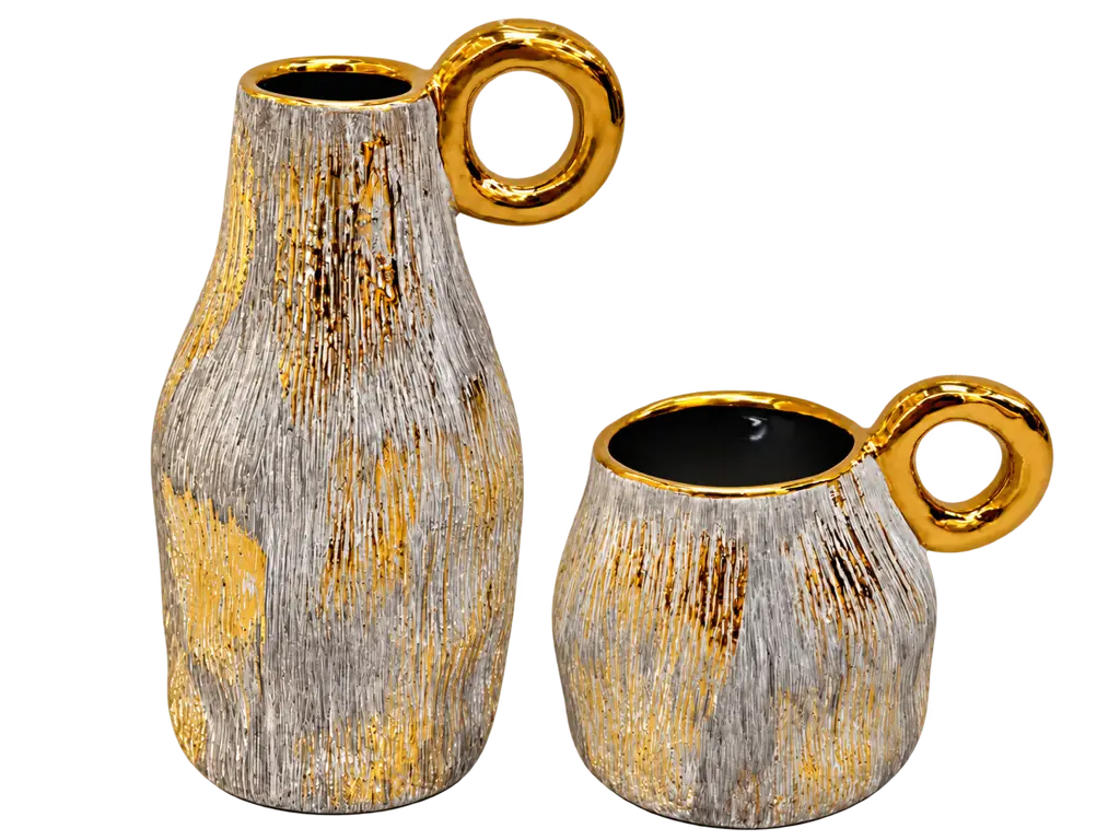 Ensemble de 2 pots de fleurs gris et doré avec poignée