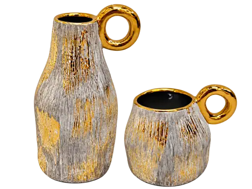 Ensemble de 2 pots de fleurs gris et doré avec poignée