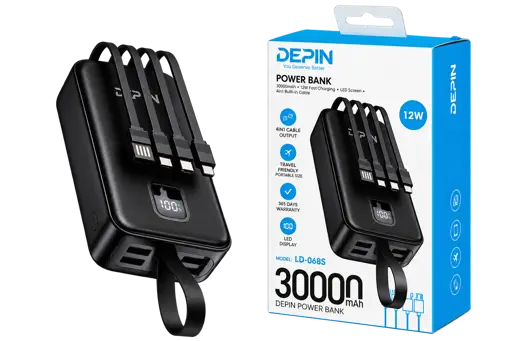 Power Bank Depin -  LD-06S  30 000 mAh – 12 W – 4 câbles intégrés - Garantie 03 Mois