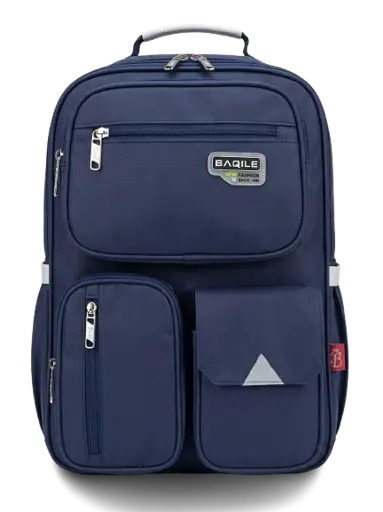 Sac à Dos - BAQILE – Bleu Marine – Multi-Poches - Poignée Rembourrée Blanche - Zips avec Finition Métallique Dorée