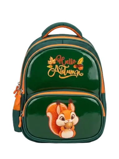 Sac à Dos Scolaire "Hello Autumn" – Vert Brillant - Motif Écureuil - Double Poche Zippée