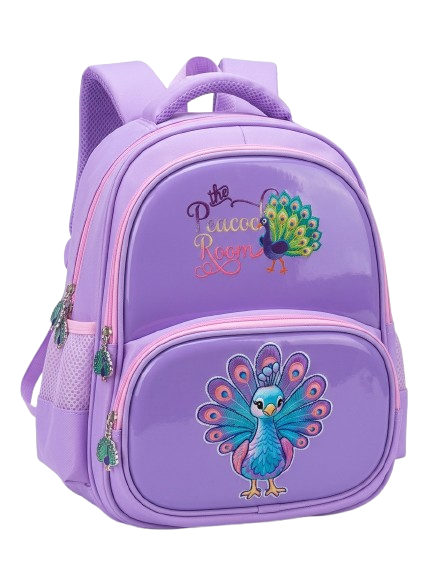 Sac à Dos Scolaire "The Peacock Room" – Violet Pastel - Motif Paon - Double Poche Zippée - pour Enfant 