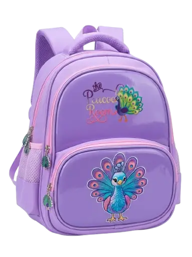 Sac à Dos Scolaire "The Peacock Room" – Violet Pastel - Motif Paon - Double Poche Zippée - pour Enfant 