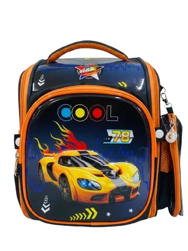Sac à Dos Scolaire "Cool 78" – Noir et Orange - Motif Voiture de Course - Pochette Amovible - pour Enfant