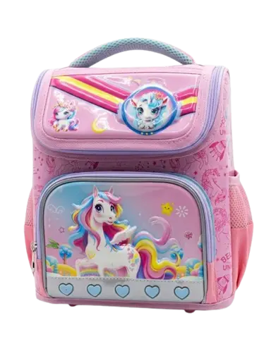 Sac à Dos Scolaire - PONEYTAIL - pour Enfant – Rose – Motif Licorne – Multi-Compartiments – Poches Latérales