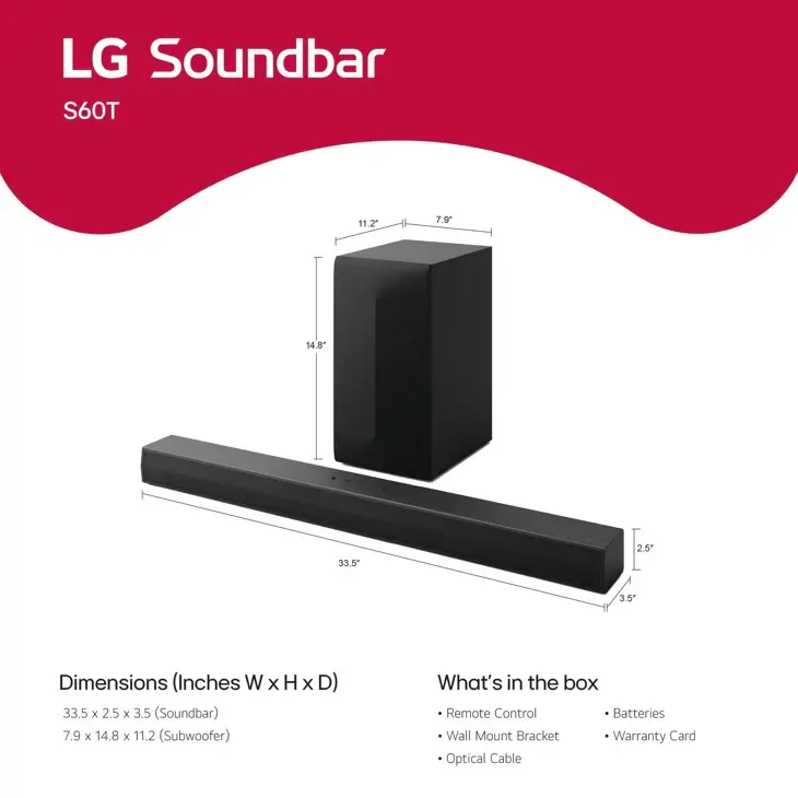 Soundbar - LG - S60T – Barre de Son TV Dolby Audio 3.1CH – Puissance 340W – Son Immersif – 06 Mois de Garantie