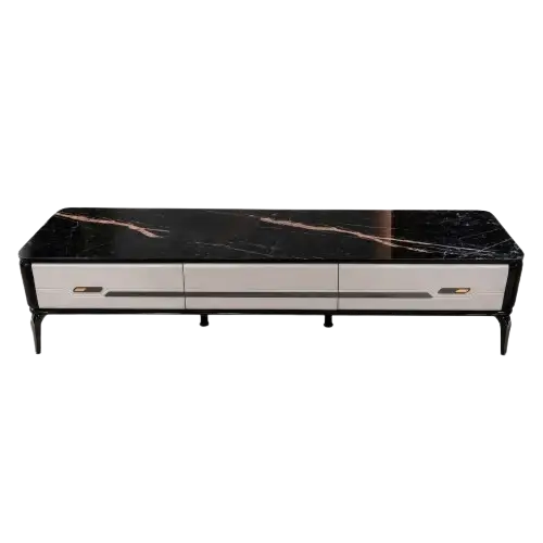 Table Basse moderne 198x48 cm - HB2503079 - Plateau marbre Noir - tiroirs Blancs