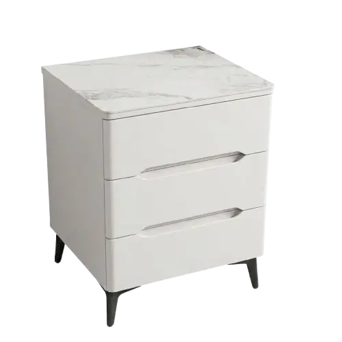 Table de chevet blanche 3 tiroirs -  HB2510139 - avec plateau en marbre