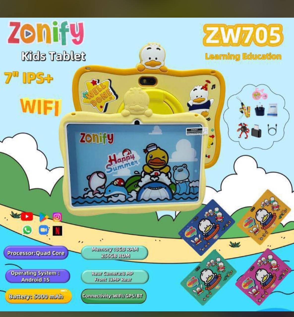 Tablette Éducative Enfant  - Zonify -  ZW705 7 Pouces - IPS+ WiFi Android 15 – 8Go RAM – 256Go ROM – Processeur Quad Core – Batterie 5000mAh – Double Caméra – GPS/Bluetooth – Garantie 03mois