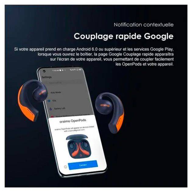 Écouteurs sans fil Oraimo -OpenPods OPN-50D - IPX5 - Bluetooth V5.2 - Autonomie d'environ 40 heures avec l'étui - Réduction du bruit grâce à 4 microphones - Garantie de 12 mois