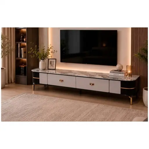 Meuble TV Jusqu'à 75 Pouces - HB2510123 - Effet Marbre - Gris & Noir