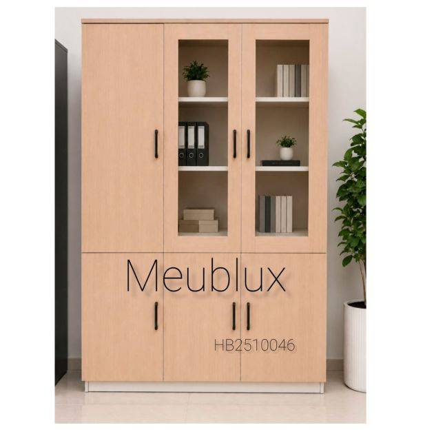 Armoire classeur en bois vitrée - HB2510046 - 6 portes battantes - bois haute densité - verre transparent - étagères intérieures blanches - poignées noires design - marron clair boisé - 180 x 118 x 39 cm - Bibliothèque