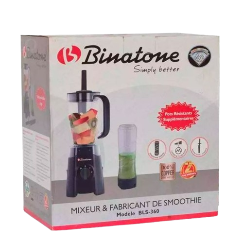 Blender/Mixeur et Smoothie - BINATONE -  BLS360 – 300W – 1,25L + Gobelet Smoothie 0,5L – 2 Vitesses + Pulse – Gris – Garantie 3 Mois