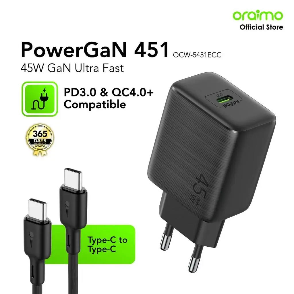 Chargeur rapide oraimo - powergan 45w ocw-545cc - adaptateur usb type-c avec câble type-c vers type-c - charge ultra rapide smartphone - Garantie 3 mois 