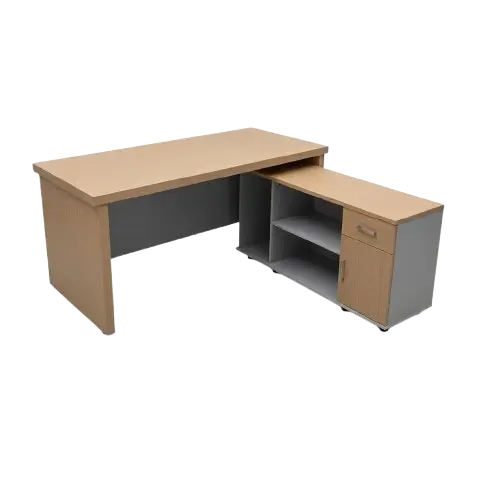 Table de Bureau Exécutif en L avec Retour Latéral 160 cm - HB2510043 - mélamine haute densité - bureau d’angle fixe - 2 compartiments - tiroir à clé - placard fermé - marron clair et blanc - rangement bureau