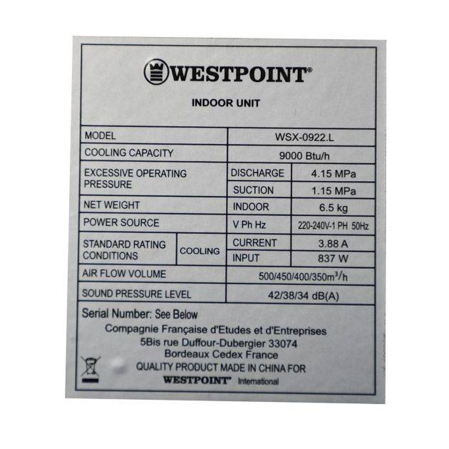 Climatiseur mural Split Wespoint WST-0921.L – 9000 BTU – 1.25 CV – R410A – Blanc – 06 Mois de garantie