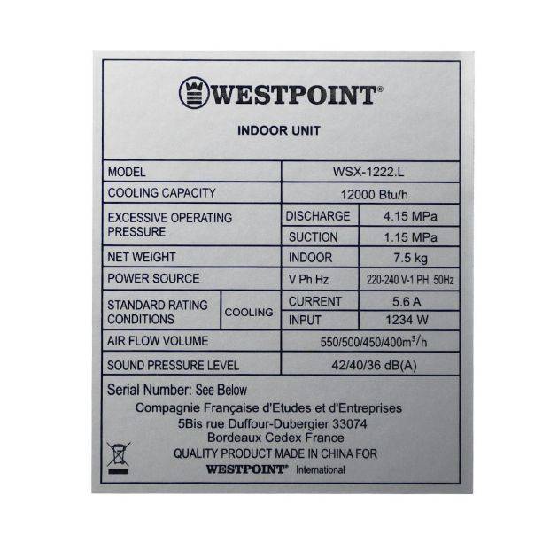 Climatiseur SPlit - WEST POINT - LUX -WSM-12124l- 1.5CV - R410 - Blanc - 06 Mois de garantie 