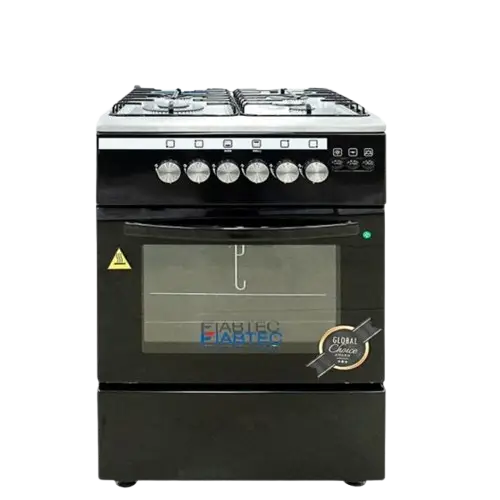 Cuisinière à Gaz - FIABTEC -  4 Feux – 60 × 60 cm – Four avec Grill et Tournebroche – Allumage Automatique & Électrique – Noir – FT-ES70-SS430 – 06 Mois de Garantie