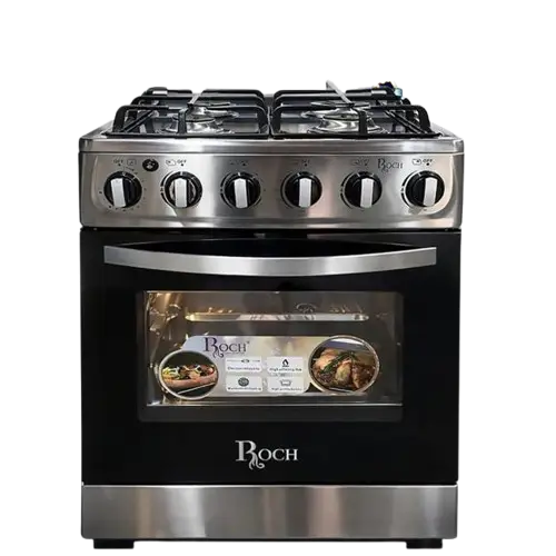 Cuisinière à Gaz - ROCH RGC-60G4-G(B) –  60×60 cm - 4 Feux – Full Inox – Allumage Automatique – Tourne broche – Garantie 6 Mois