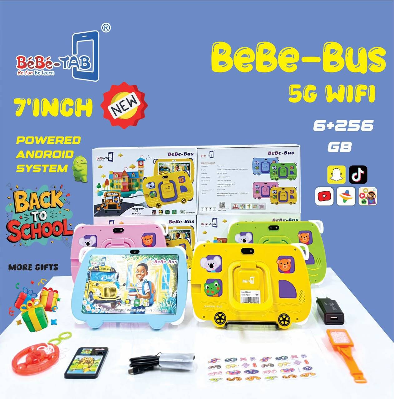 Tablette Éducative Enfant Bébé-Tab -  Bébé-Bus -  7 Pouces -  5G WiFi Android – 6Go RAM – 256Go ROM – Coque Antichoc Bus – Batterie Longue Durée – Applications Éducatives – Multicolore Garantie 3 mois